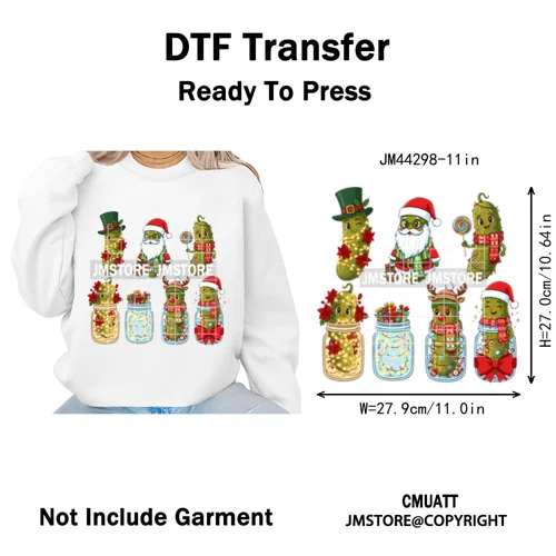 Merry Pickles Christmas Xmas Cucumber Holiday Santa Iron on Washable DTF Heat Transfer Stickers Ready to Press for T-shirts Bags