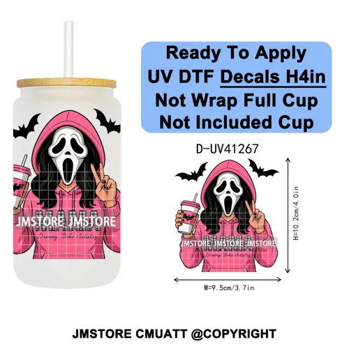 Black Girl Horror Characters Halloween Coffee UV DTF Transfer Sticker Decals Ready To Apply Waterproof For 16OZ Libbey Glass Can
