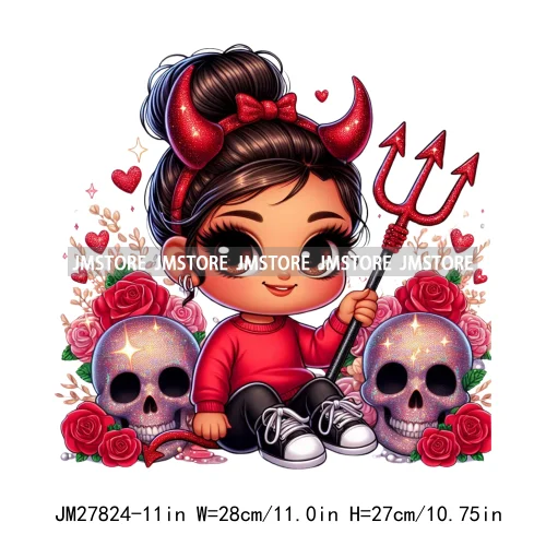 Chibi Cute Halloween Devil Latina Baby Hispanic Girls Skull Red Rose DTF Iron On Transfer Stickers Ready To Press For Sweatshirt