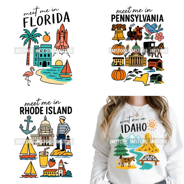 Retro American Citycape Scenery Badge States Lover Designs Iron on DTF Washable Transfers Stickers Ready to Press for Clothing