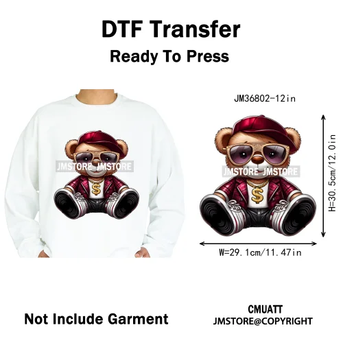 12in Cartoon Gangster Hip Hop Streetwear Teddy Bear Lover Designs Iron on DTF Heat Transfers Stickers Ready to Press for Hoodies