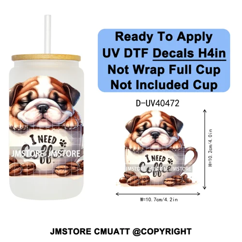 Puppy Coffee Dog Cartoon Pet Lover UV DTF Decals Ready To Apply Waterproof Transfer Stickers For 16OZ Libbey Glass Can Tumbler