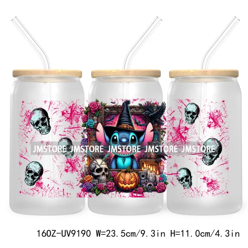 Cartoon Halloween Witch Skull Pumpkins UV DTF Sticker For 16OZ Libbey Glass Cup Can Wrap Transfer Stickers Custom Label DIY Logo