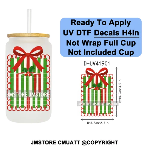 Preppy Christmas Stamps Xmas Card UV DTF Transfer Stickers Decals Ready To Apply Waterproof For 16OZ Libbey Glass Can Tumbler
