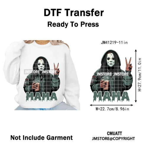 Black Girls Coffee Drinking Halloween Scary Movie Killer Mama Iron on Washable DTF Transfers Stickers Ready to Press for Clothes