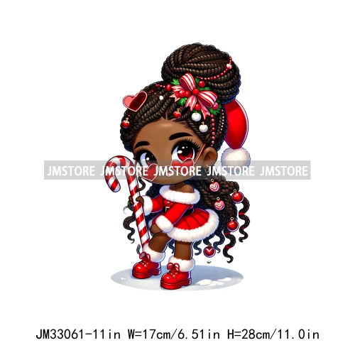 Chibi Candy Santa Girl African American Characters Merry Christmas Gift Iron On DTF Transfer Stickers Ready To Press For Clothes