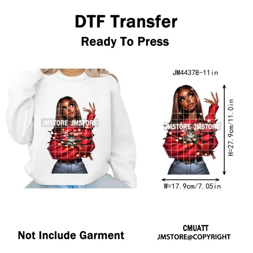 Sassy Afro Women Quirky Girls Santa Christmas Attitude Iron on Washable DTF Heat Transfers Stickers Ready to Press for Textiles