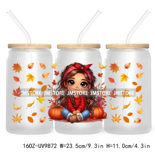 Mexican Latina Chibi Autumn Baby Girl UV DTF Sticker For 16OZ Libbey Glass Cup Can Wrap Transfer Stickers Custom Labels DIY Logo