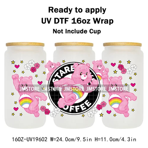 Cheerful Floral Hearts Cartoon Bears Clipart UV DTF Transfer Stickers Cup Tumbler Wrap For 16OZ Libbey Glass Bottle Cup Wraps