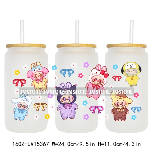 Coquette Bow Cartoon Monsters In Outfit UV DTF Cup Wraps Ready To Apply Waterproof Transfer Stickers For 16OZ Libbey Glass Can