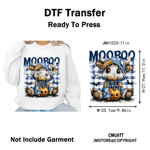 Pumpkin Leopard Spooky Ghost Moo Boo Cow Pet Halloween Bow Iron on DTF Washable Transfers Stickers Ready to Press for T-shirts