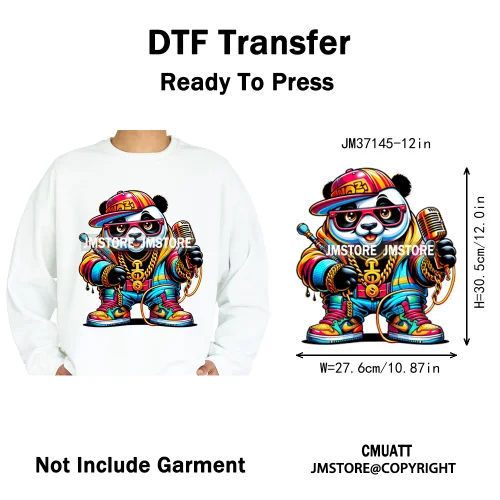 12in Colorful Gangster Urban Hip Hop Music Panda Dog Animal Lover Iron on DTF Heat Transfer Stickers Ready to Press for Clothing