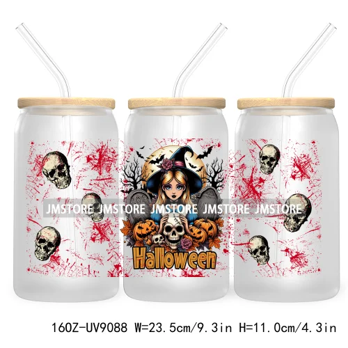 Spooky Halloween Princess 16OZ UV Cup Wrap DTF Transfer Sticker For Libbey Glass Can Cup Tumbler Waterproof Label Trick or Treat