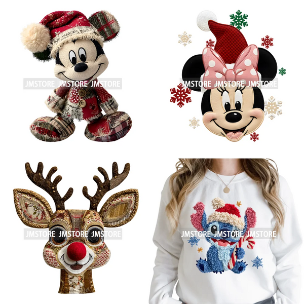 Faux Yarn Very Merry Christmas Mouse Friends Cartoon Santa Iron on Washable DTF Transfers Stickers Ready to Press for Clothing