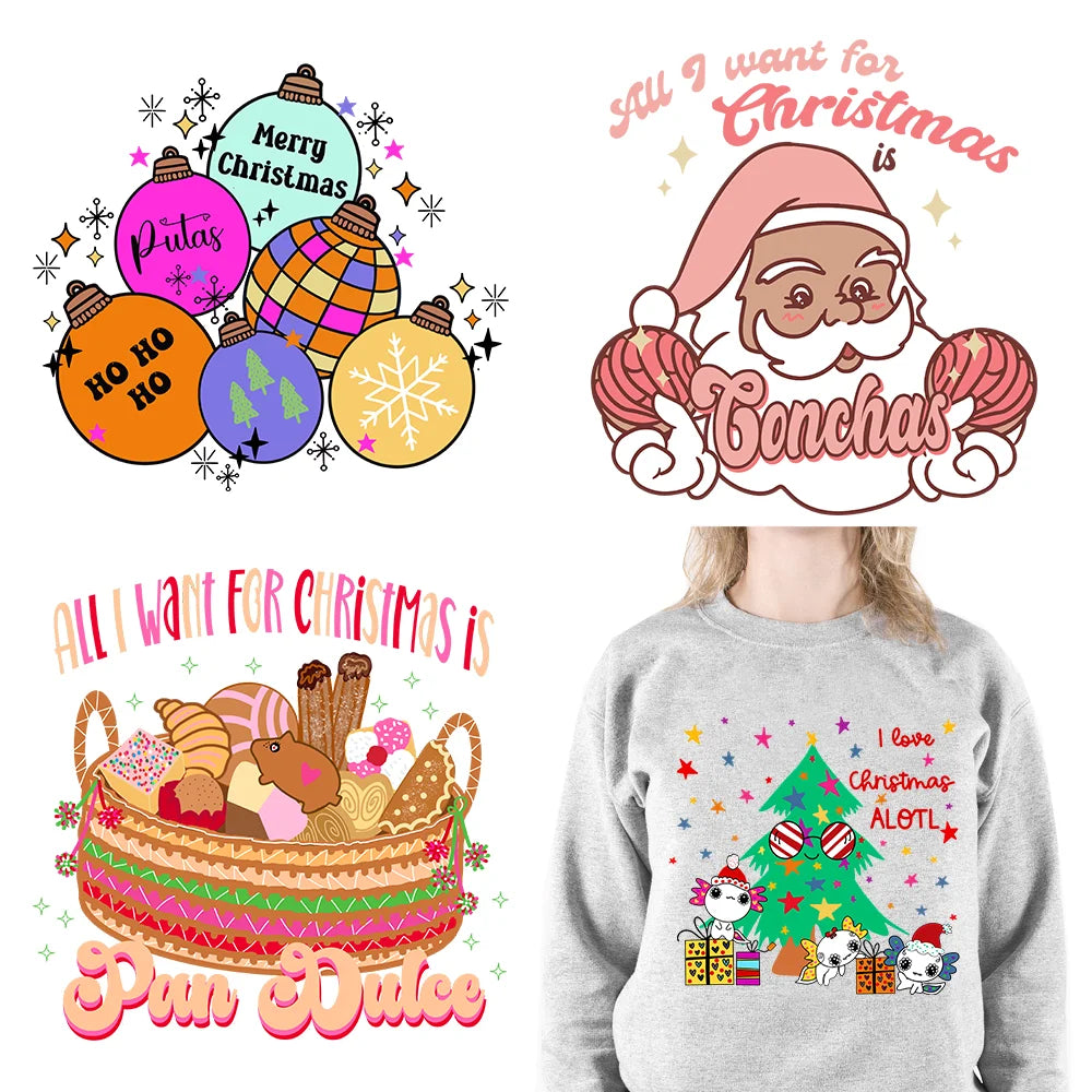 Mexican Latin Love Christmas Holiday Printing Logos Iron On DTF Santa Conchas Pan Dulce Transfer Stickers For Sweatshirt Bags