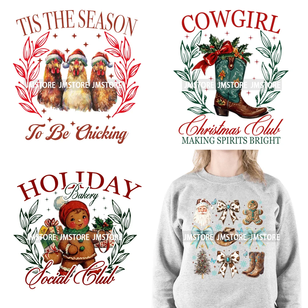 New Christmas Santa Social Club Coquette Western Boots Jolly Holiday Season Logos Iron On DTF Heat Transfer Stickers For Hoodies