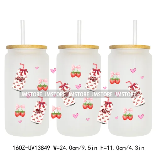 Soft Drink Pink Bow Coquette Strawberry UV DTF Wraps Transfer Sticker Selfadhesive Waterproof  For 16OZ Libbey Glass Can Tumbler