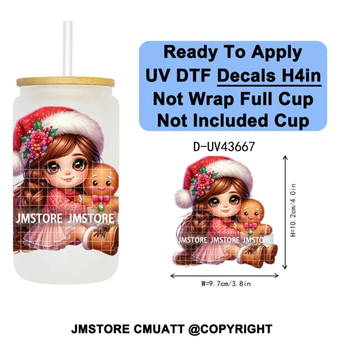 Floral Christmas Latina Chibi Girl UV DTF Transfer Stickers Decals Ready To Apply Good Quality Prints For Libbey Cold Cup Mugs