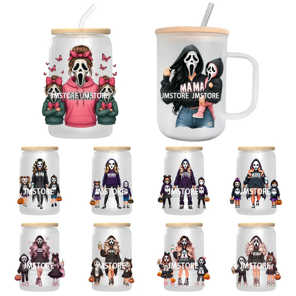 Family Halloween Horror Mama UV DTF Transfer Stickers Decals Ready To Apply Waterproof For 16OZ Libbey Glass Can Cups Tumbler