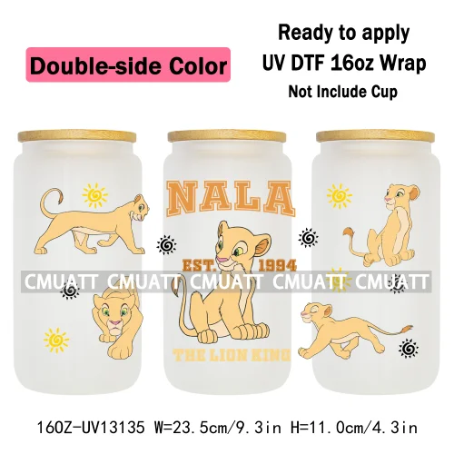 Double Side Color Cartoon Lion UV DTF Cup Wrap Transfer Stickers For 16oz Libbey Glass Beer Selfadhesive Waterproof Adhesive