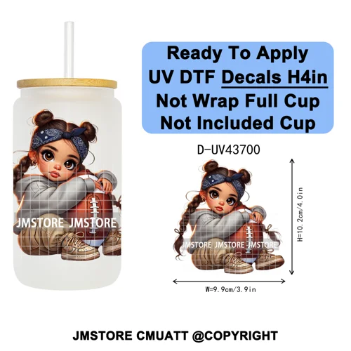 Cute Latina Baby Girl American Football UV DTF Cup Decals Ready To Apply Transfer Stickers Durable For Libbey Glass Can Tumbler