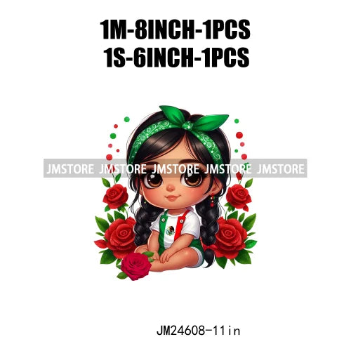 Cute Chibi Mexican Girl Designs Hispanic Red Rose Green Coquette Bow Latina Princess Iron On DTF Transfers Stickers For T-shirts