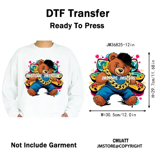 12in Hip Hop Vibes Urban Style Rich Bear With Gold Chains King Animal Iron on DTF Transfers Stickers Ready to Press for Textile