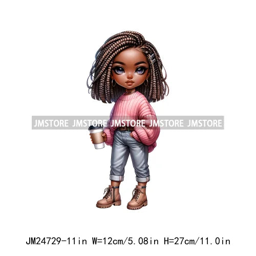 Dreadlocks Coffee Chibi Black Girls Pink Fashion African American Denim Girl Iron On DTF Heat Press Transfer Stickers For Shirts