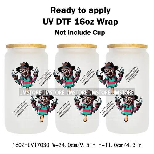 Ice Cream Halloween Killers Horror Characters UV DTF Stickers Ready To Apply Cup Wrap Custom Labels For 16OZ Libbey Can Glass