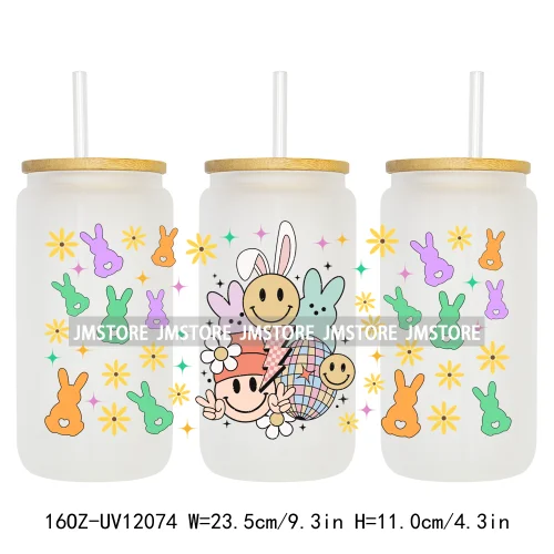 Hip Hop Easter Bunny Carrot Eggs Hunting UV DTF Sticker For 16OZ Libbey Glass Cup Can Wrap Transfer Stickers Custom Labels Logo