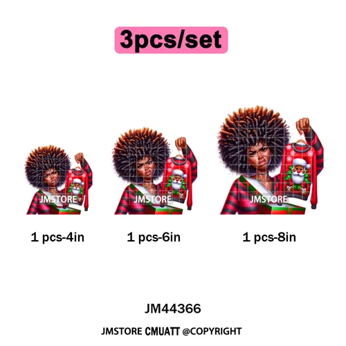 Funny Xmas Afro Glam Girly Gifts Holly Christmas Light Iron on Washable DTF Heat Transfers Stickers Ready to Press for Clothes