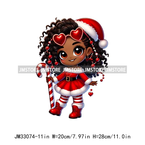 Chibi Candy Santa Girl African American Characters Merry Christmas Gift Iron On DTF Transfer Stickers Ready To Press For Clothes