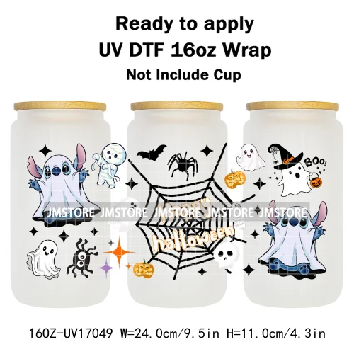 Spooky Halloween Boo Bats Pumpkin Horror Cartoon 16OZ UV DTF Cup Wraps Ready To Apply Transfer Stickers For Libbey Glass Can Mug