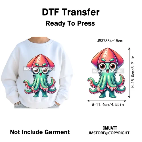15cm 5.9in Cute Sea Underwater Animal Quirky Fish Octopus Decals Washable Iron On DTF Heat Transfers Stickers For Kids T-Shirts