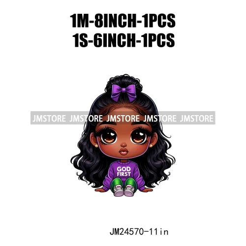 Cute God First Chibi Black Baby Girl Afro Magic Kids Coffee Woman Iron On DTF Transfer Stickers Ready To Press For Clothes Bags