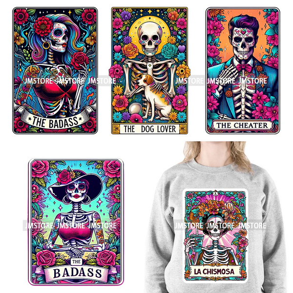 Custom Flower La Chismosa Dog Cat Lover Badass Skull Tarot Card  DTF Iron On Heat Transfers Stickers Ready To Press For Hoodies