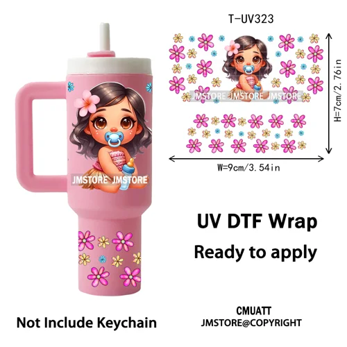 Watercolor Little Girl Cartoon Princess Flowers UV DTF Wraps Ready To Use Transfer Stickers Waterproof For Mini Tumbler Keychain