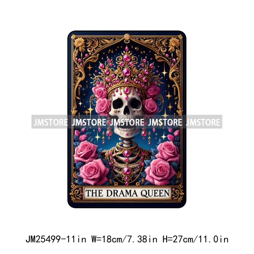 New Drama Queen Teacher Reader Smoker Flower Skull Humor Gothic Tarot Card DTF Iron On Heat Press Transfer Stickers For Clothing