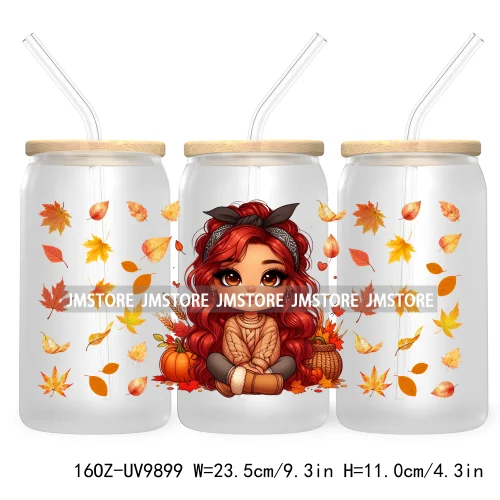 Mexican Latina Chibi Autumn Baby Girl UV DTF Sticker For 16OZ Libbey Glass Cup Can Wrap Transfer Stickers Custom Labels DIY Logo