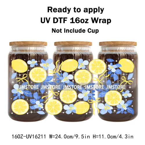 Floral Coquette Bow Strawberry Lemon Bookish UV DTF Wraps Transfer Sticker Waterproof Logo For 16OZ Libbey Glass Can Tumbler