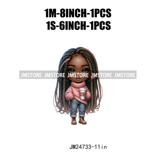 Dreadlocks Coffee Chibi Black Girls Pink Fashion African American Denim Girl Iron On DTF Heat Press Transfer Stickers For Shirts