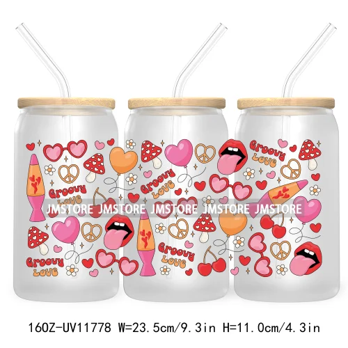 Trendy Girly Coquette Cherry Bow Valentines Gift Bears UV DTF Cup Wrap Transfer Stickers For 16OZ Libbey Glass Can Custom Logo