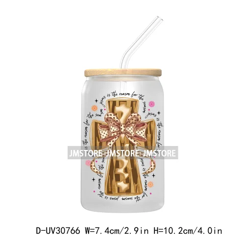 Christian Christmas Coquette Glitter Jesus Cross UV Sticker Decals For Libbey Cold Cups Mug Tumbler Transfer Stickers Waterproof