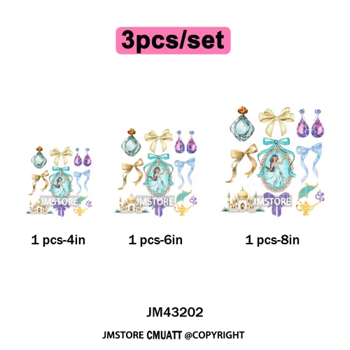 Colorful Girly Coquette Cartoon Princess Family Trip Iron on Washable DTF Heat Transfers Stickers Ready to Press for Clothing