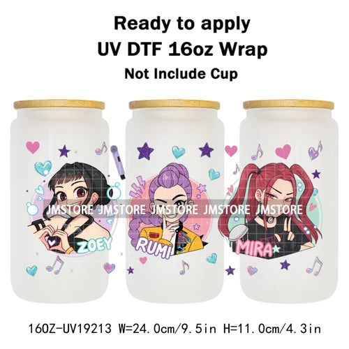 Demon Hunters Inspired Kpop Girls Bands UV DTF Transfer Sticker Durable Cup Tumbler Wrap For 16OZ Libbey Glass Wraps Bottle Mug