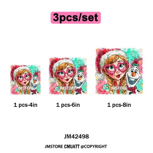 Glasses Cartoon Princess Animal Christmas Brushstroke Festive Vibes Iron on DTF Transfers Stickers Ready to Press for Hoodies