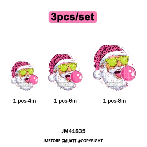 Pink Cartoon Glasses Coffee Drink Leopard Blowing Santa Claus Christmas Iron on DTF Transfer Stickers Ready to Press for T-shirt