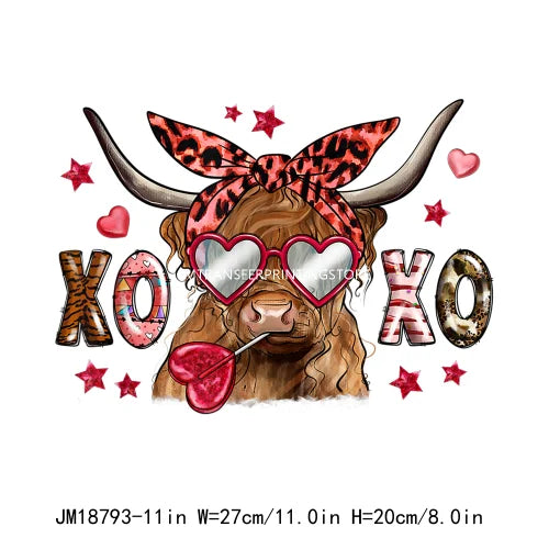 Hot Sale Western Highland Cow Pink Be Mine Heifer Valentine Printing DTF I Love Moo XOXO Heat Transfer Stickers For Hoodies