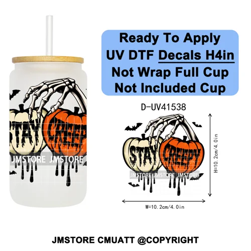 Spooky Highland Cow Halloween Ghosts Pumpkin UV DTF Decals Ready To Apply Waterproof Transfer Stickers For 16OZ Libbey Glass Can