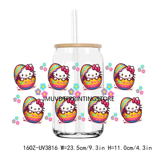 Cute Easter Bunny Cartoon UV DTF Sticker For 16OZ Libbey Glass Cup Can Wrap Transfer Sticker Custom Label DIY Logo Spring Flower